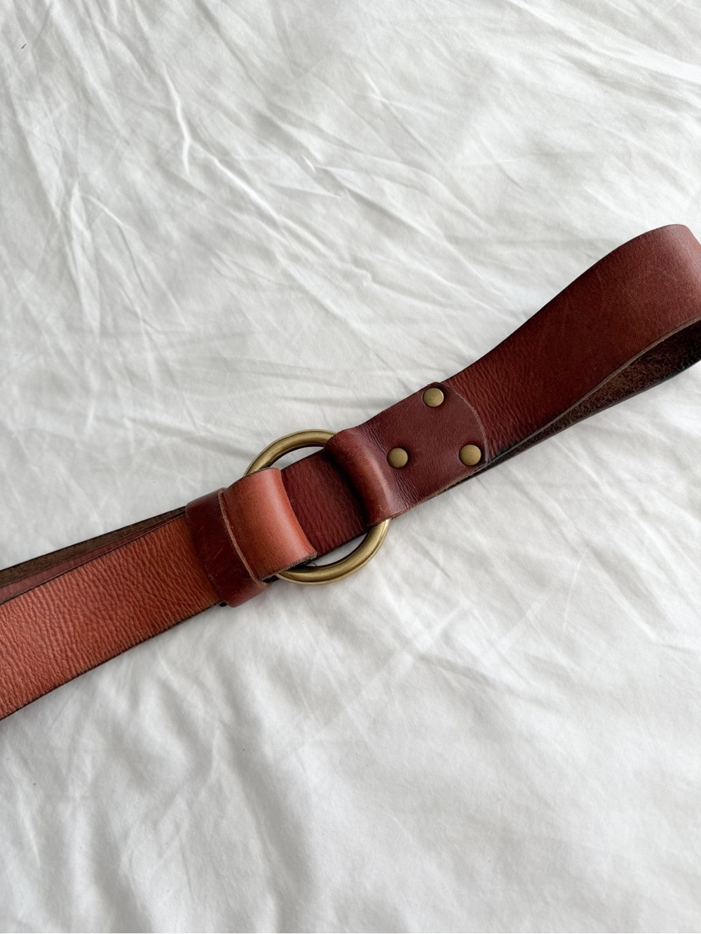Lands End Genuine Brown Leather Belt with Brass Ring Hardware